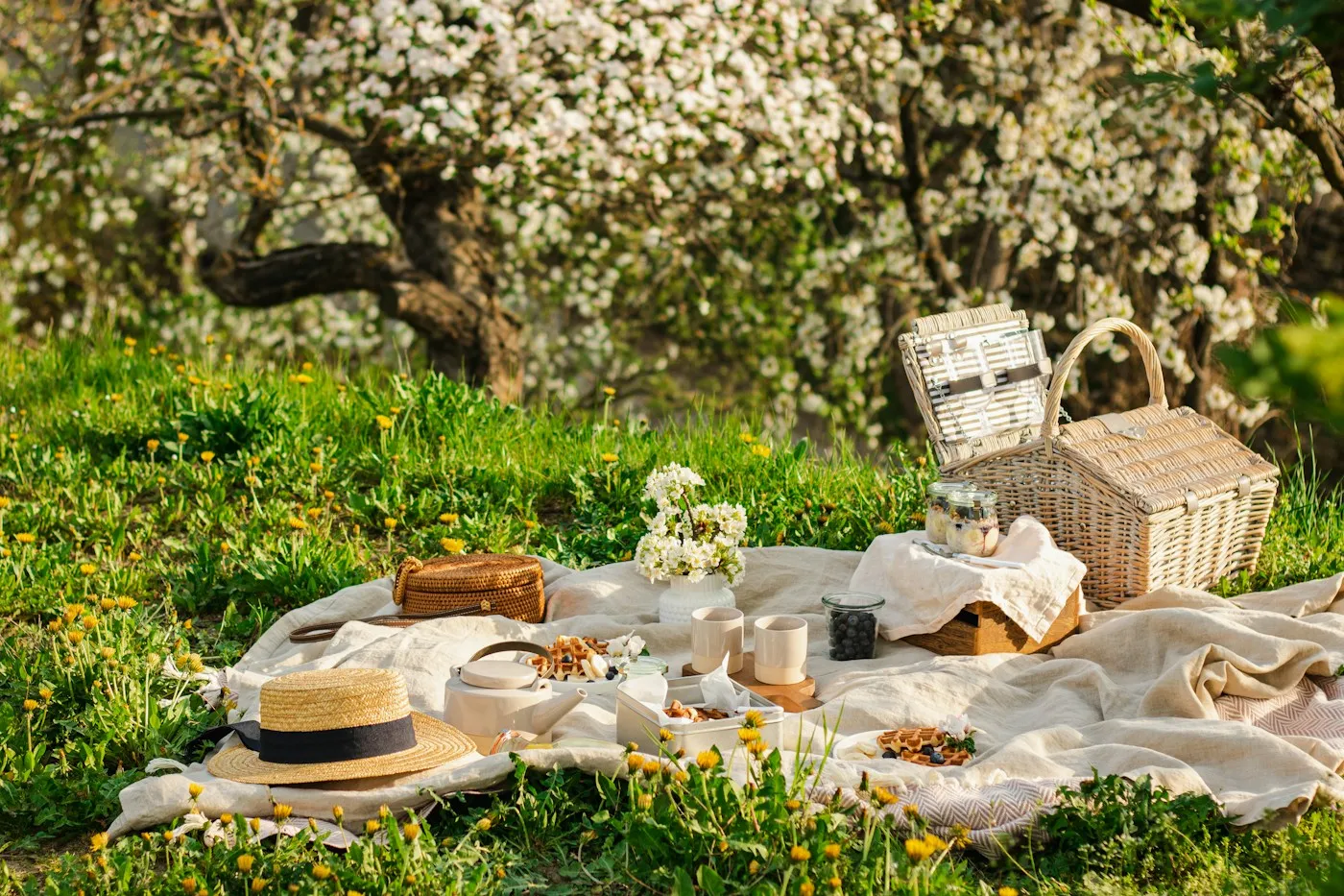 A picnic basket and blanket with waffles and berries beneath blooming spring trees.